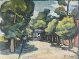 a painting of a truck driving down the road