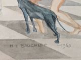 a painting of a woman and a dog on the street