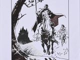 drawing of a man riding a horse with a sword in his hand
