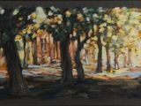 painting of a painting of trees in a park with a building in the background