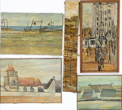 several paintings of a building, a church, a church, and a beach