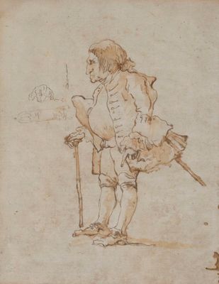 un vieux dessin représentant un homme avec une canne et un chien