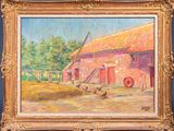 an oil painting of a farm scene with a wagon and chickens