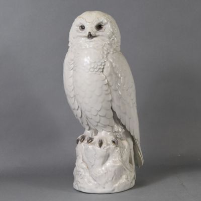 a white owl sitting on top of a tree stump