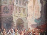 peinture d'une scène de rue avec une foule de personnes marchant dans la rue
