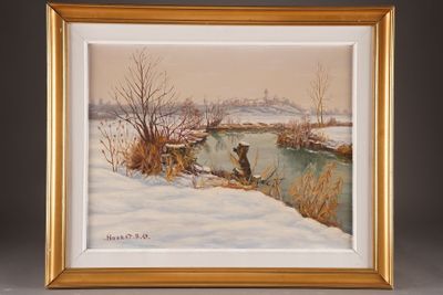painting of two ducks in the snow by a river