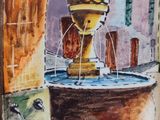 a painting of a water fountain in the middle of a courtyard