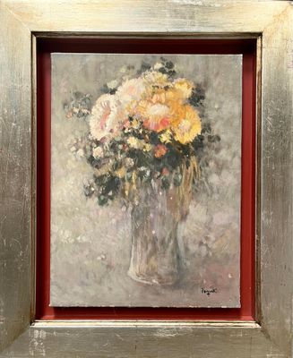 a painting of flowers in a vase on a table