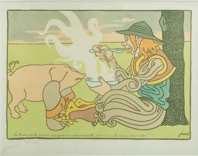 painting of a man and a woman sitting in a field with a cow