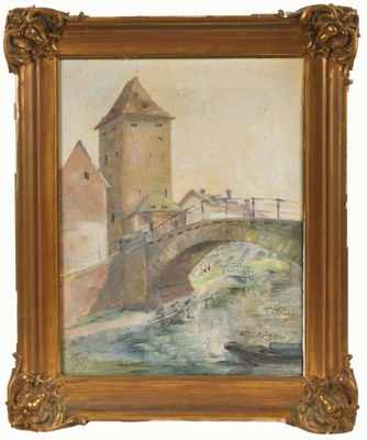 an oil painting of a bridge over a river with a castle in the background