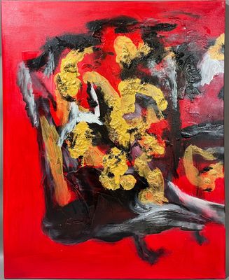 painting of a vase of flowers on a red background with black and yellow accents