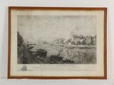 un vieux dessin représentant une vue de ville avec un bateau sur l'eau