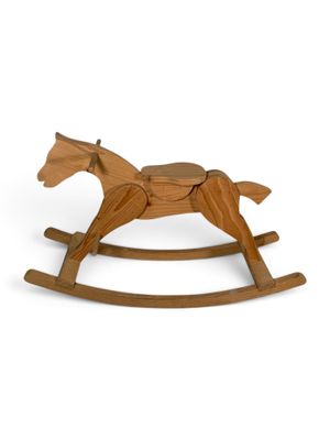 wooden rocking horse on white background with copy space for text