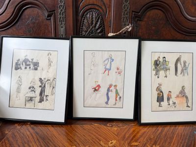 Trois dessins sur papier encadrés