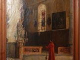 tableau représentant un homme vêtu d'une robe rouge, debout devant une église