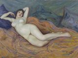 tableau représentant une femme nue allongée sur un lit avec un oreiller