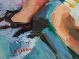 a painting of a person riding a bike on a blue surface