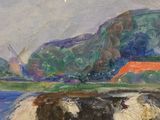 a painting of a cow standing in a field