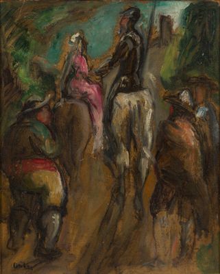 une image représentant un tableau où l'on voit des personnes à cheval sur un chemin de terre