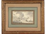 a painting of ships in the ocean with a sky background