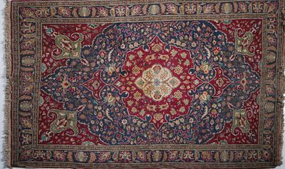 an oriental rug with a red and blue design on a white background