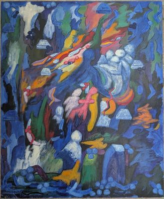 une peinture représentant une peinture d'un groupe de personnes dans une forêt