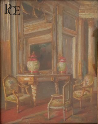 un tableau représentant une pièce avec un miroir et une chaise
