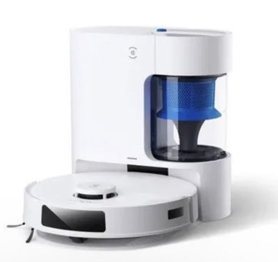 a close up of a white and blue water dispenser on a white surface