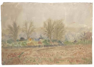 l'image d'une peinture d'un champ avec des arbres en arrière-plan