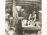 drawing of a man sitting at a table with a bottle of wine in front of him