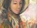 une peinture à l'huile représentant une femme coiffée d'un chapeau et tenant un bouquet de fleurs
