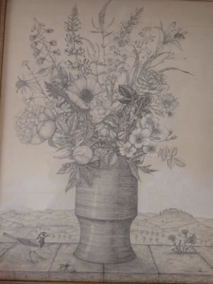 un dessin représentant un vase contenant des fleurs