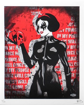 un tableau noir et rouge représentant une femme tenant un cœur