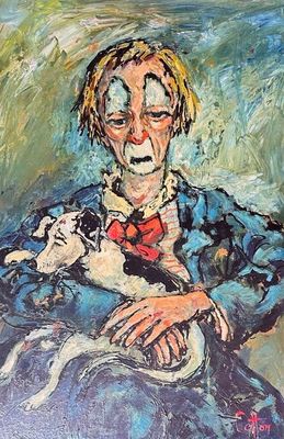 an oil painting of a woman holding a dog in her arms