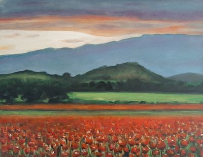 an oil painting of a field of red flowers with mountains in the background