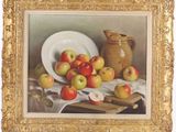 tableau représentant une nature morte composée de pommes et d'un pichet posés sur une table