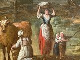 a painting of a woman and two children with a cow