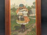 an oil painting of a woman in a field with a hat and a cane