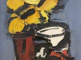 une peinture à l'huile représentant un vase contenant des fleurs jaunes
