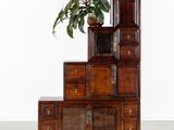 a tall wooden cabinet with a potted plant on top of it