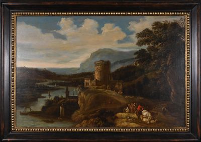 une peinture à l'huile représentant un paysage avec une rivière et un château