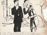 drawing of a man and a woman standing in front of a street sign
