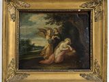 a painting of an angel and a woman in a landscape