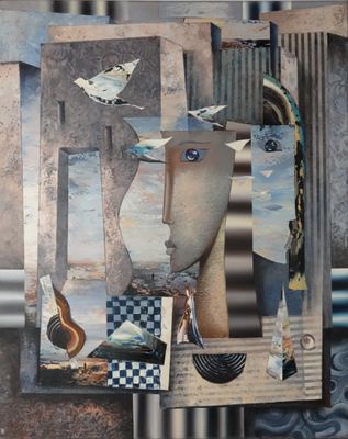 une image représentant un collage du visage d'une femme avec un oiseau sur la tête