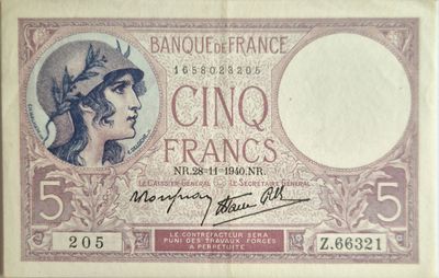 5 francs femme casquée 28/11/1940, SPL