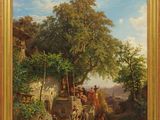 peinture à l'huile d'une scène de village avec une voiture à cheval