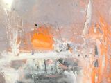 a painting of an orange and white car in a parking lot