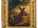 une peinture à l'huile représentant Jésus portant la croix sur une colline