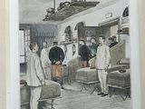 a drawing of a group of men standing in a room