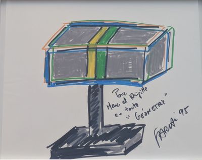 dessin représentant une boîte posée sur un socle, sur laquelle est inscrite une citation